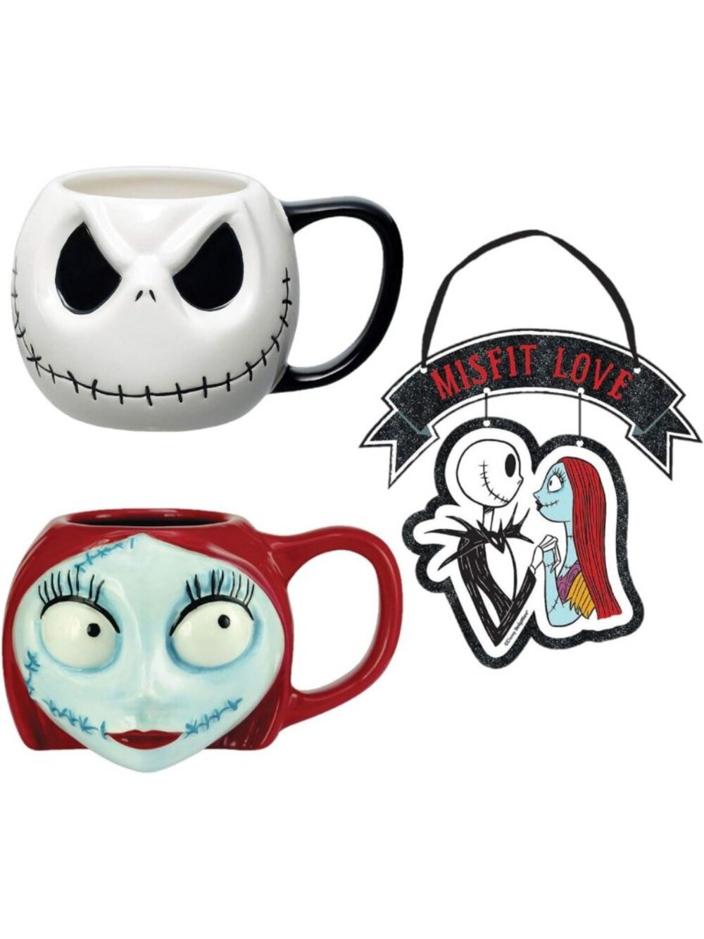 Jack & Sally Coffee Mug Set | Ceramic Cups + Misfit Love Sign | Perfect Gift